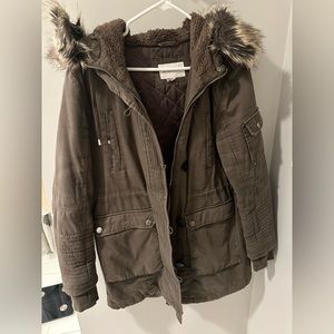 BCBG Generation olive faux fur hooded coat